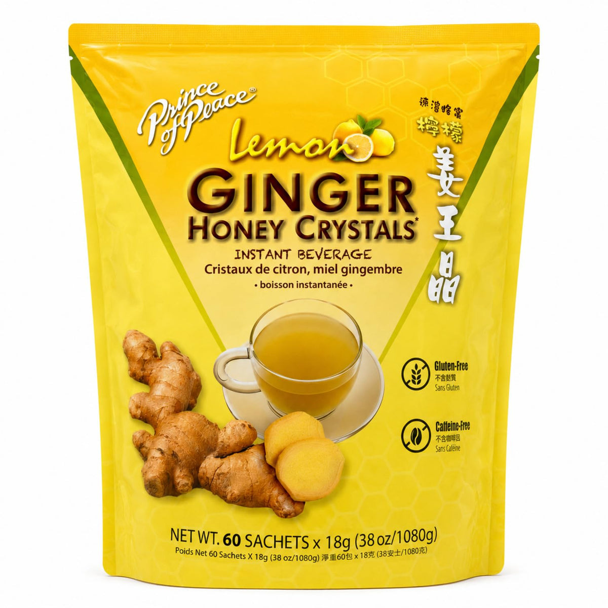 Prince of Peace Instant Ginger Honey Crystals with Lemon, 60 Sachets – Instant Hot or Cold Beverage – Easy to Brew – Drink Like a Tea – Caffeine and Gluten Free – Real Ginger