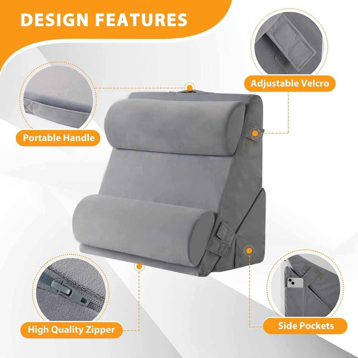 Ruqmuis Wedge Pillow Set for After Surgery, 3PCS Adjustable 9&12 Inch Bed Wedge Pillow for Sleeping, Incline Pillow Wedge for Headboard, Post Surgery, Acid Reflux, Neck&Back Support, White/Grey