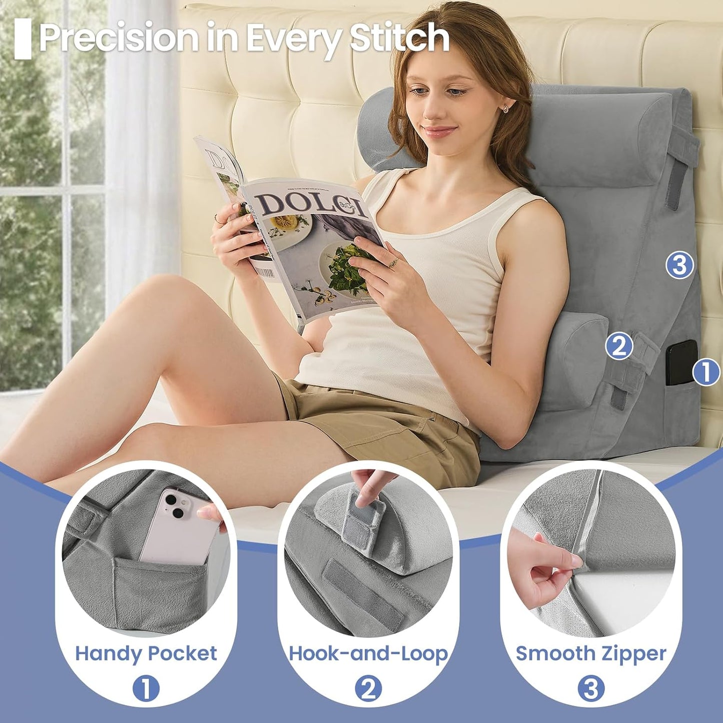 Sasttie Wedge Pillow Set for After Surgery, 2PCS Adjustable Bed Wedge Pillow Headboard with Memory Foam Neck Cushion – for Acid Reflux, Sleeping, Neck & Back Support, Dark Grey & White
