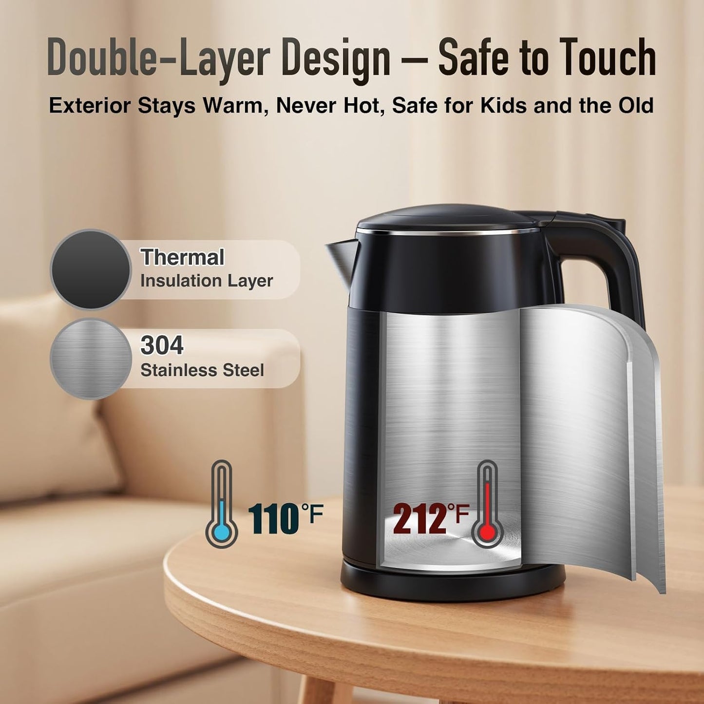 Mecity Electric Kettle 1.7L Touch Screen Temperature Control Water Boiler, No Plastic Contact with Water. 6 Preset Temperature Programs, 2 Hours Keep Warm, Auto Shut Off, Dark Grey