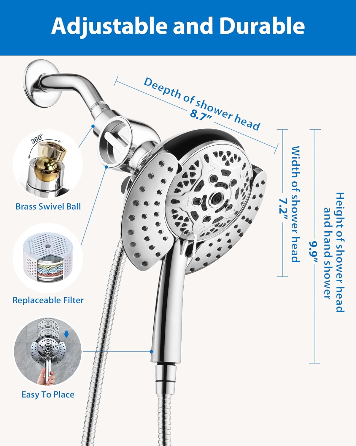 INAVAMZ Shower Head with Handheld High Pressure: Hand Held Shower Head & Rain Shower Head 2-IN-1 Shower Head with 59" Rotatable Stainless Steel Hose, Shower Trim Systems, Sliver 2.5 GPM 15391 Filter