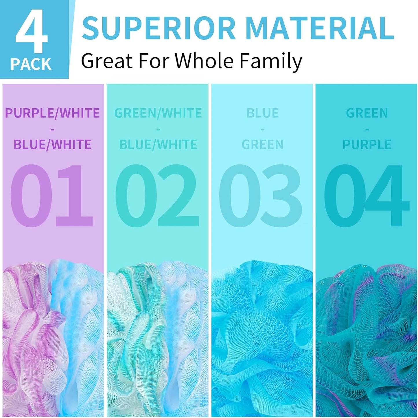 BCKENEY Bath Loofah Shower Sponge Body Back Scrubber Soft Mesh Shower Puffs Exfoliating Loofa for Women & Men Bath Accessories Cleaning Tool (Pack of 4 60G Loofah, Dark Elf)