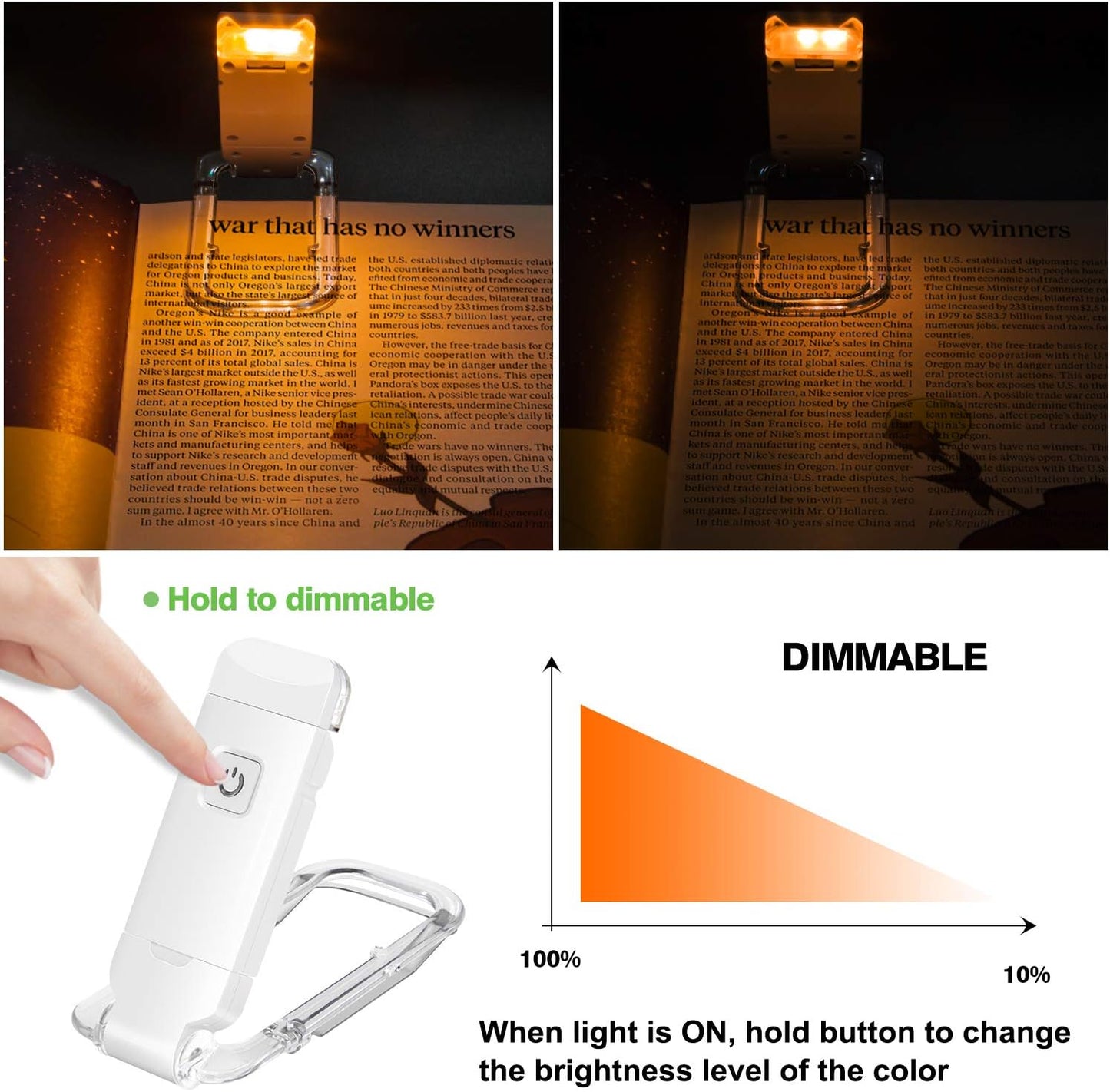 BIGLIGHT Amber Book Reading Light, LED Clip on Book Lights, Reading Lights for Books in Bed, Small Book Light for Kids, USB Rechargeable, 2 Brightness Adjustable for Eye Protection, Orange