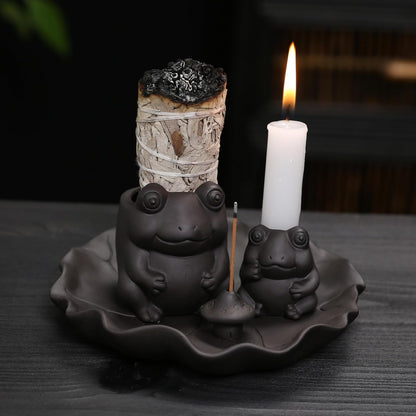 ChangWanna Frog Incense Stick Holder - Ceramic Insence Burner Ash Catcher, Insense Stand with 45 Sandalwood Sticks, Ornament for Aromatherapy/Yoga/Meditation/Home Living Room Office Decor
