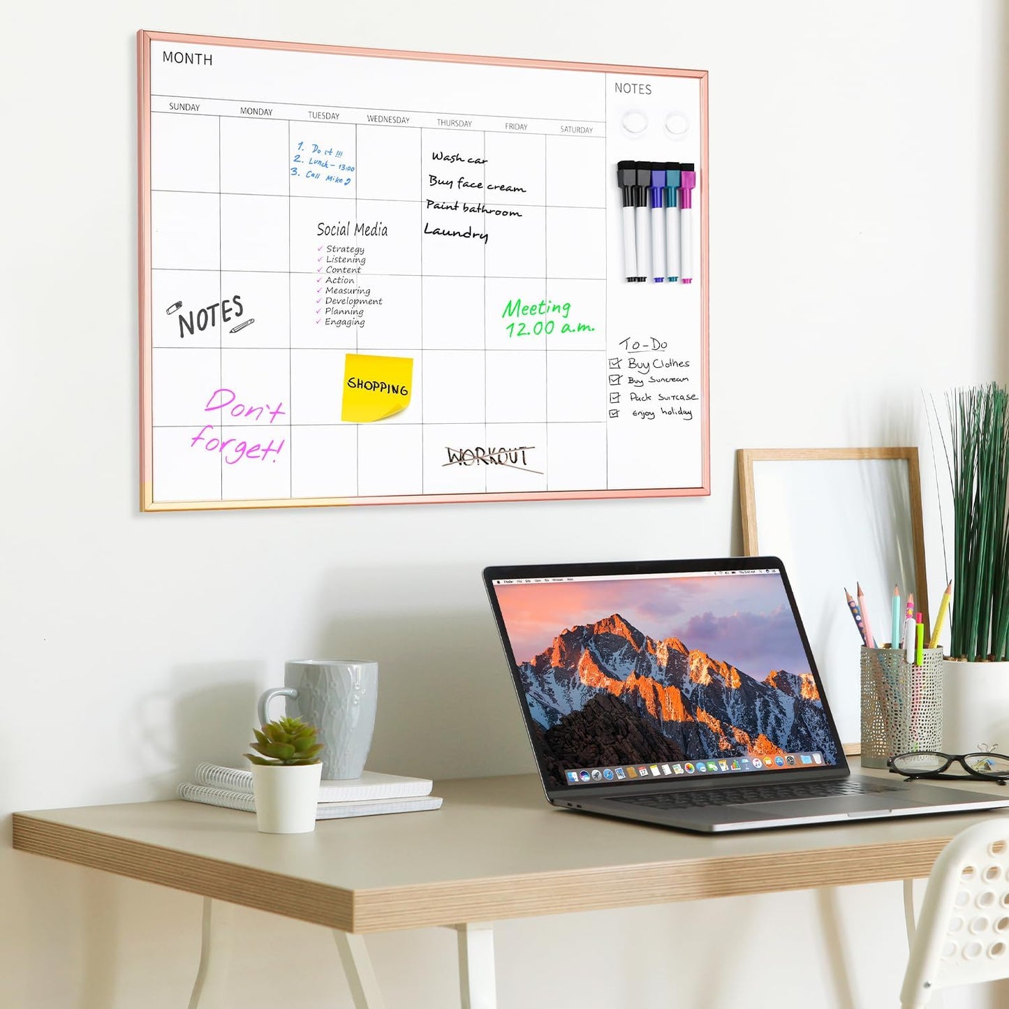 Magnetic Monthly Calendar Whiteboard, 17'' x 13'' Dry Erase Calendar for Wall Office School Home, Gold Wooden Frame