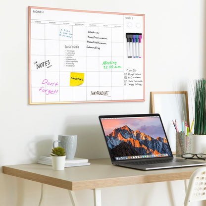 Magnetic Monthly Calendar Whiteboard, 17'' x 13'' Dry Erase Calendar for Wall Office School Home, Gold Wooden Frame