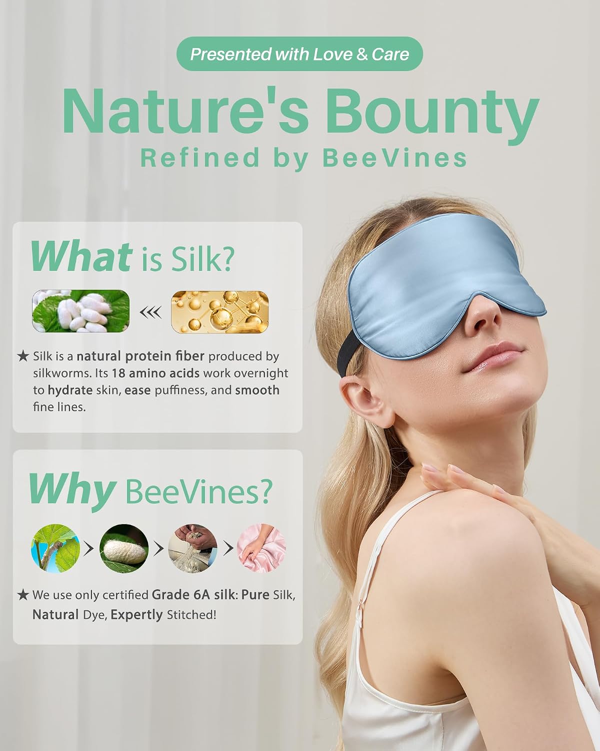 BeeVines 100% Real Mulberry Silk 2 Pack Sleep Mask, Natural Pure Silk Eye Masks with Adjustable Strap for Sleeping, Block Light Eye Sleep Shade Cover, Reduces Puffy Eyes Traveling Gifts