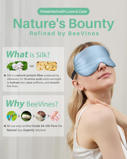 BeeVines 100% Real Mulberry Silk 2 Pack Sleep Mask, Natural Pure Silk Eye Masks with Adjustable Strap for Sleeping, Block Light Eye Sleep Shade Cover, Reduces Puffy Eyes Traveling Gifts