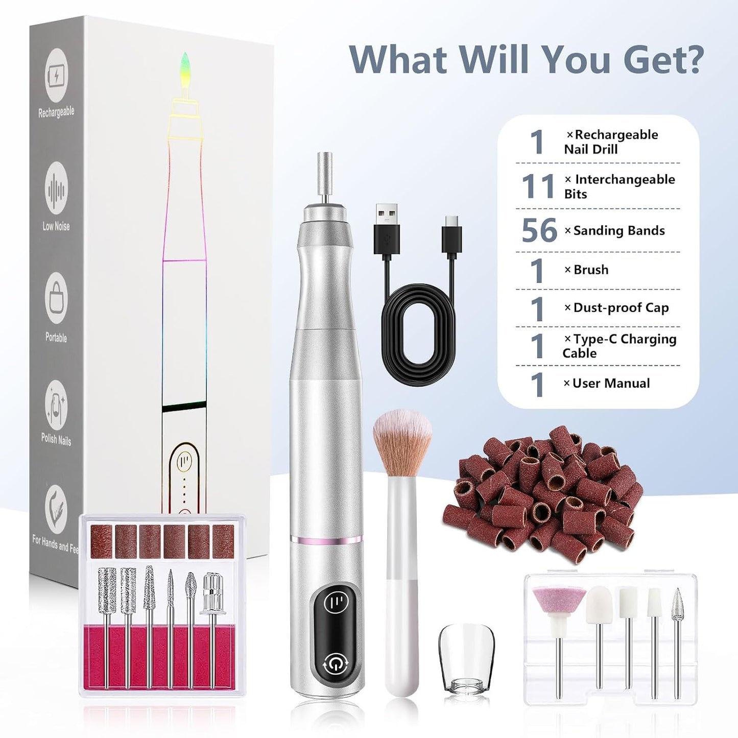 TUOBEO Cordless Nail Drill Electric Nail File Kit, Rechargeable Efile Set, Portable Acrylic Gel Nail Polish Remover Machine, Pedicure Manicure Tool, 11 Bits, 56 Sanding Bands, Salon Home, Purple