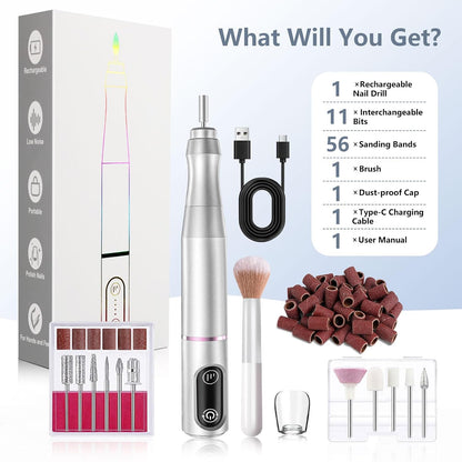 TUOBEO Cordless Nail Drill Electric Nail File Kit, Rechargeable Efile Set, Portable Acrylic Gel Nail Polish Remover Machine, Pedicure Manicure Tool, 11 Bits, 56 Sanding Bands, Salon Home, Purple