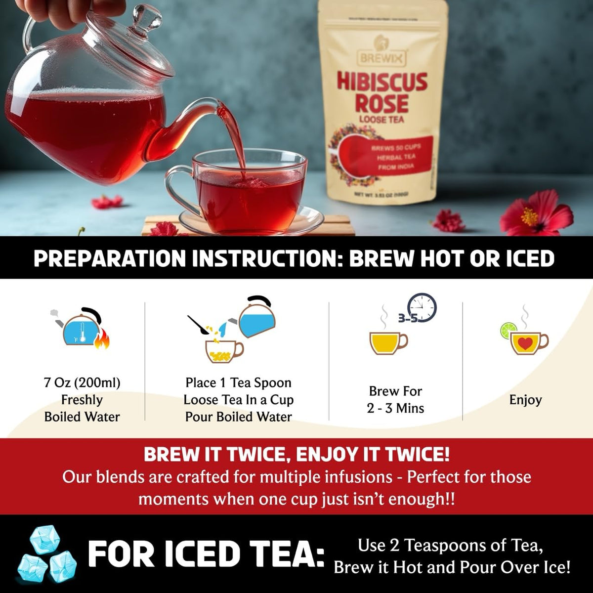 BREWIX, Hibiscus Rose Herbal Loose Tea (50+ Cups) | 100% Natural, Handmade, Pure from Hibiscus Flowers | Hibiscus with Rose Petals, Chamomile and Exotic Spices | Supports Everyday Wellness, Digestion and Cardiovascular System | Rich in Antioxidants &
