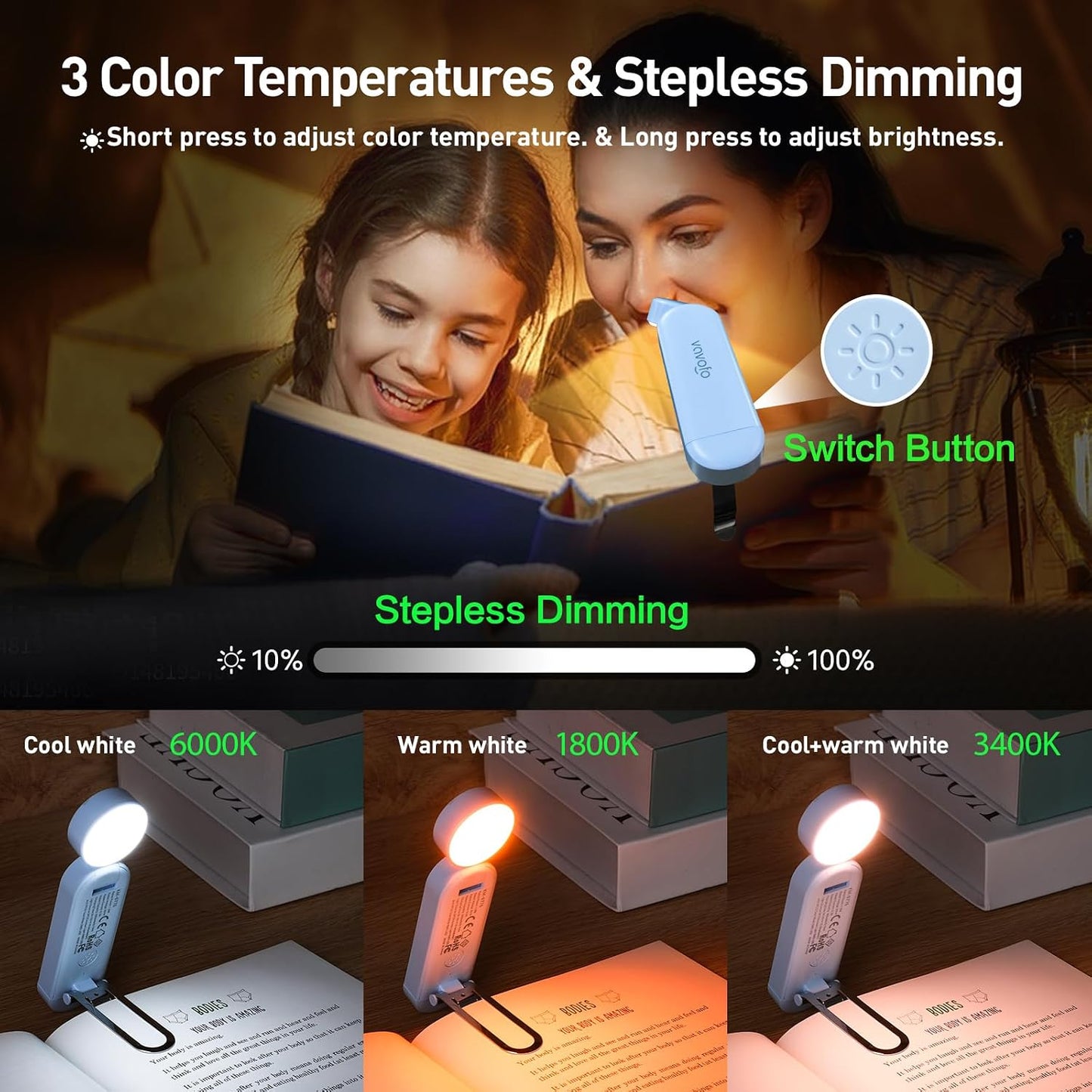 VAVOFO USB Rechargeable Book Light, Blue Light Blocking, Amber Clip-On Bookmark Shaped Reading Light, Eye Care 6 LEDs With 9 Lighting Modes for Bookworms (Grey)