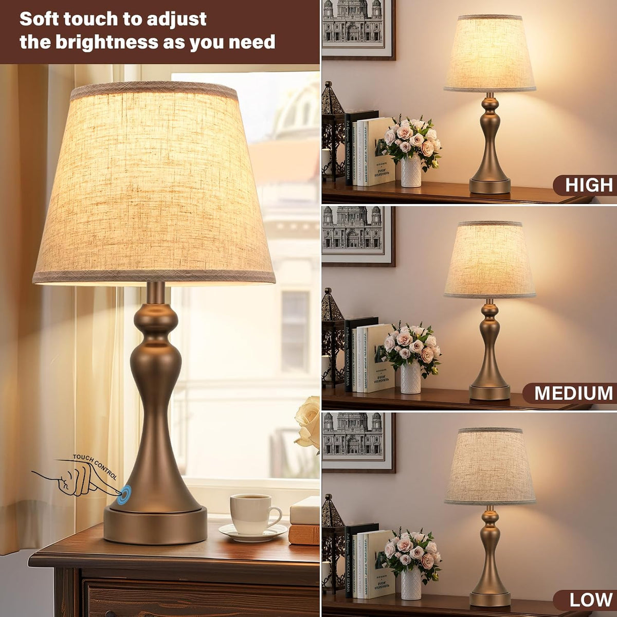 Touch Lamps for Nightstand, 3 Way Dimmable Bedside Lamps with USB C+A Ports