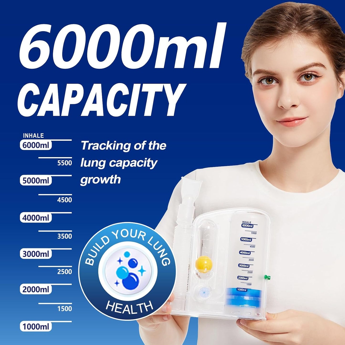 Breathing Exercise Device for Lungs, Lung Exerciser Device – 5000ml Volumetric Deep Breathing Trainer with Flow Rate Indicator for Respiratory Health & Recovery