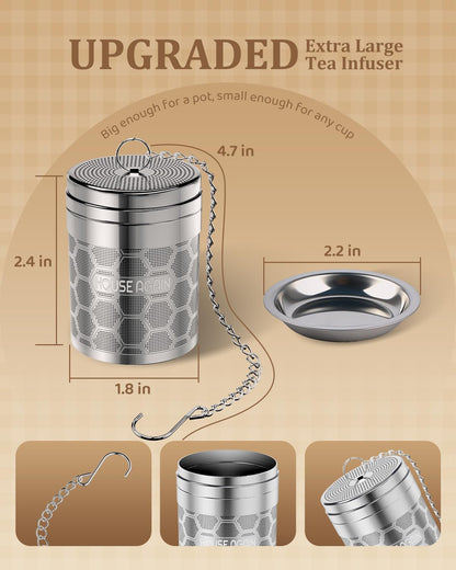 House Again Large Tea Infusers, Extra Fine Mesh Tea Strainers for Loose Tea, Slim Threaded Lid & 304 Stainless Steel, Filter Bags Diffusers, Loose Leaf Tea Steeper for Brew Tea Spices & Seasonings
