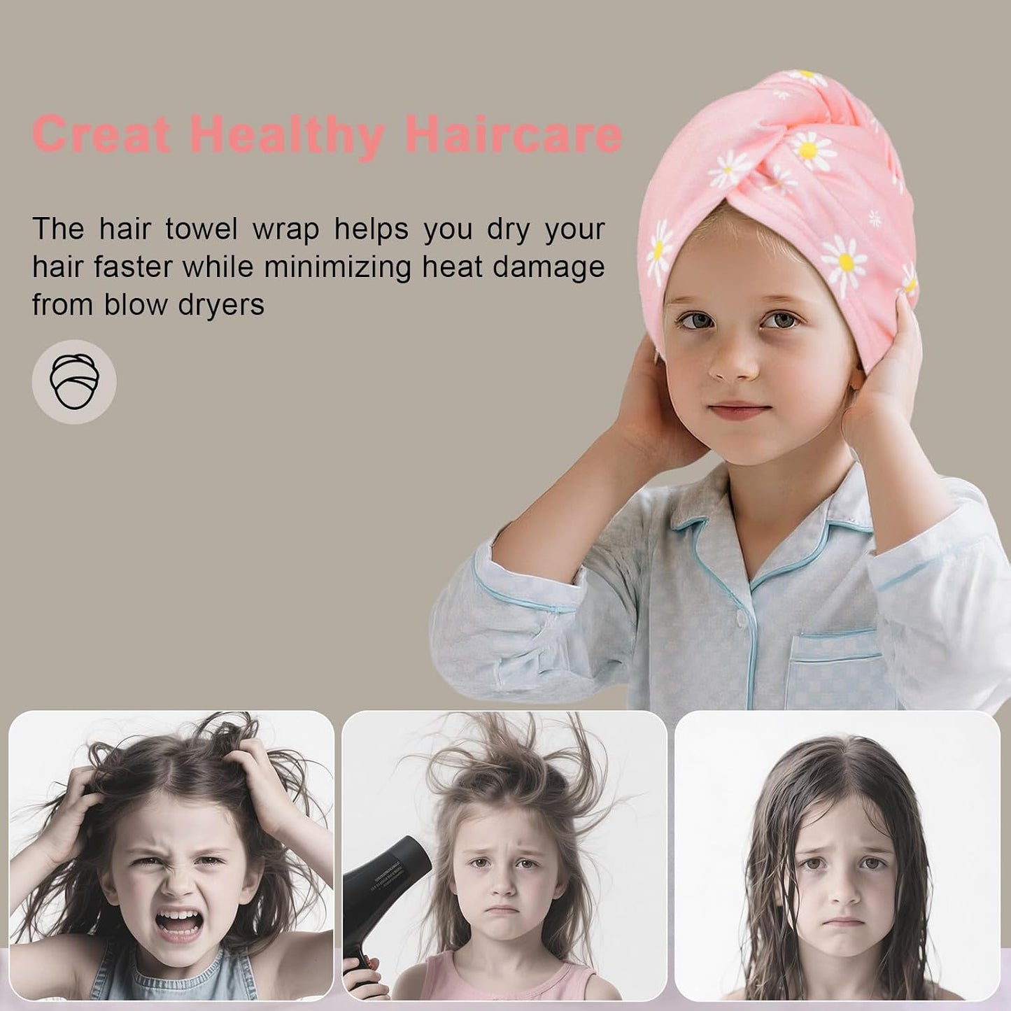 Unicorn Castle Microfiber Hair Towel for Kids 2Pack Hair Wrap Towels Absorbent Hair Drying Towel Wrap Hair Turbans for Curly Thick Hair, Pink White Strawberry
