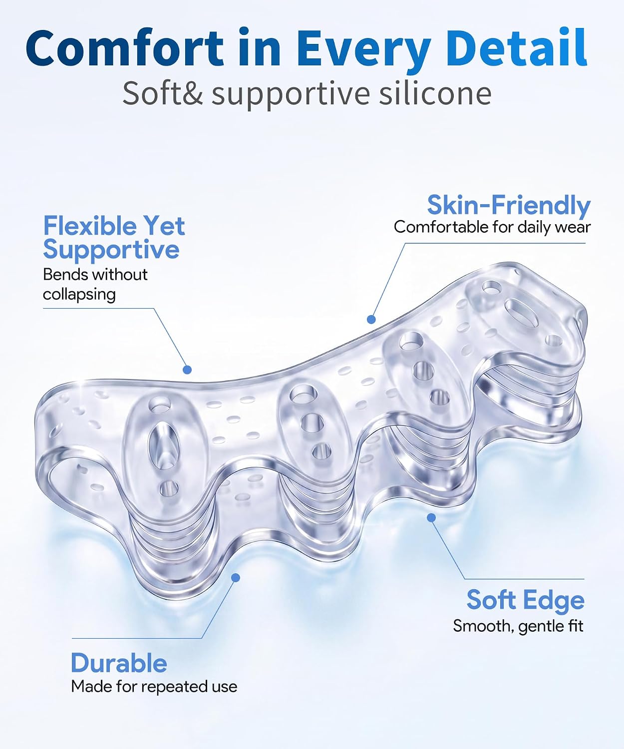 Toe Spacers for Women and Men, Silicone Toe Separators with Breathable Airflow Channels, Soft Washable Reusable Design for Daily Use, Stretching and Comfort, 1 Pair