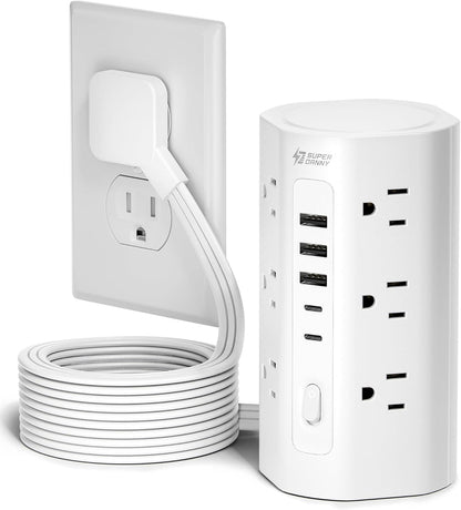 10Ft Tower Power Strip, Long Extension Cord, Flat Plug, 1700J, 12 AC 5 USB