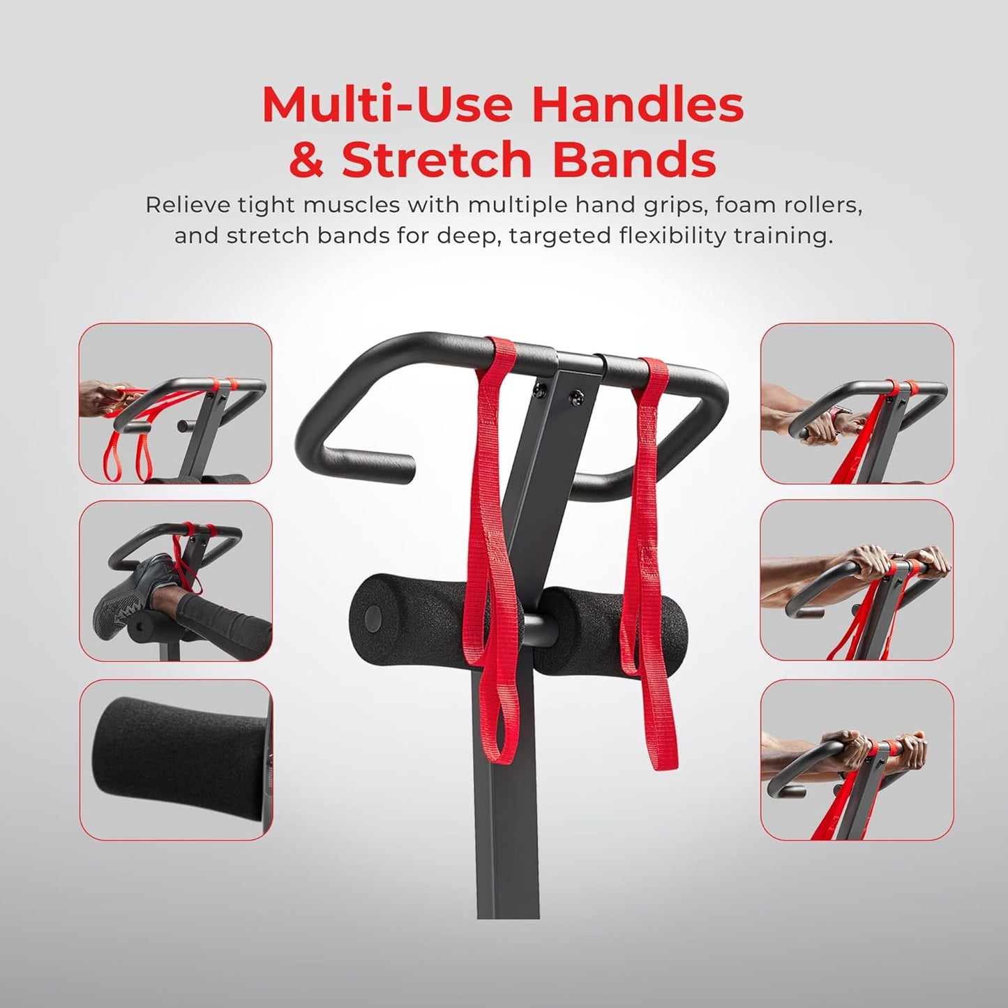 Sunny Health & Fitness Full Body Stretch Machine for Home Gym, Back Stretcher & Flexibility Trainer with Pivoting Seat, Foam Rollers, Safety Straps, Handlebar & SunnyFit App
