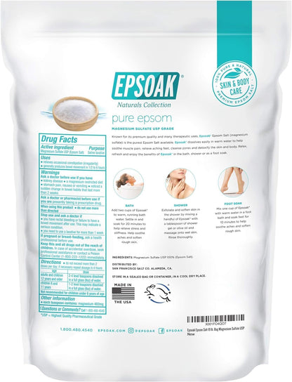 Epsoak Epsom Salt 38 lb. Magnesium Sulfate USP. (Qty. 2 x 19 lb. Bags) Resealable Epsom Salt Bag Unscented, Made in The USA, Cruelty-Free Certified