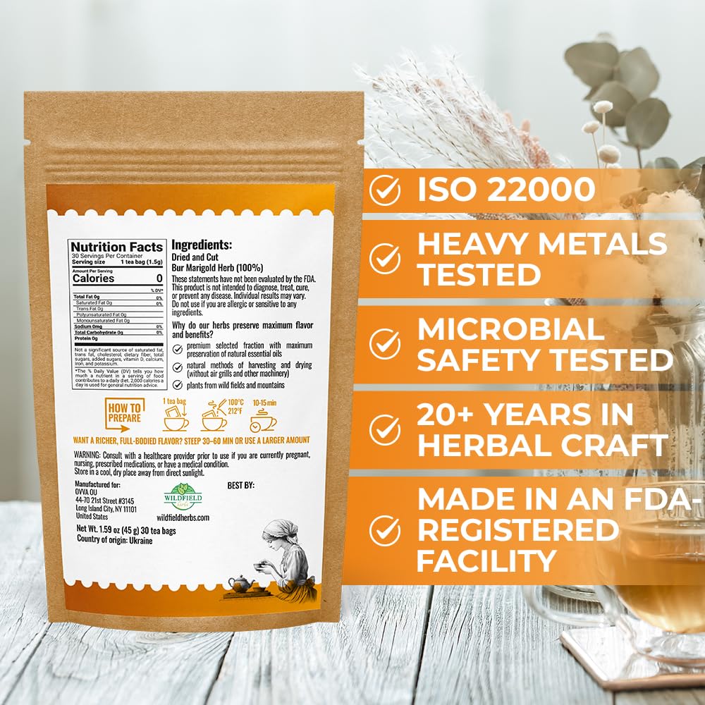 30 Bags Dried Marigold Bur Marigold Herb Tea Marygold Tea (Bidens Tripartita L.) - 30 Count 2 g Bags 100% Chereda Bur-Marigold Cáñamo Acuático