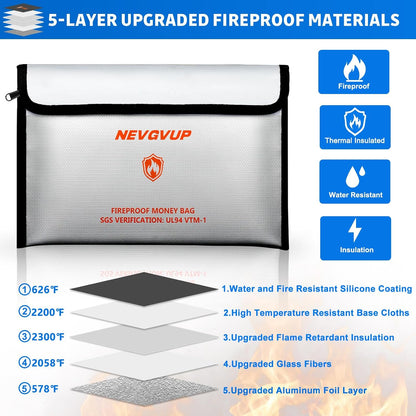 Upgraded 6200°F Fireproof Document Bag with Lock, Fire proof Money Bag for Cash with Zipper/Reflective Strip, 9 Layer of Heat Insulated Material, Water Resistant Fireproof Bags for Documents,Safe Bags