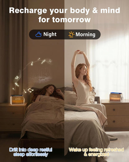 Sunrise Alarm Clock with Wireless Charger, White Noise Sound Machine with 20 Soothing Sounds, Wake Up Light Sunlight Simulator, Bedroom Desk Clock for Heavy Sleepers Kids Adults