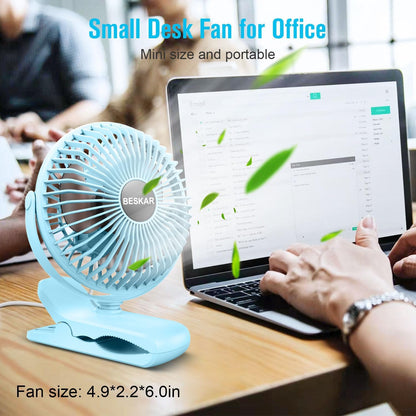 BESKAR Small Clip on Fan, 3 Speeds USB Fans with Strong Airflow, Clip & Desk Fans USB Plug in with Sturdy Clamp - Ultra Quiet operation for Office Dorm Bedroom Stroller