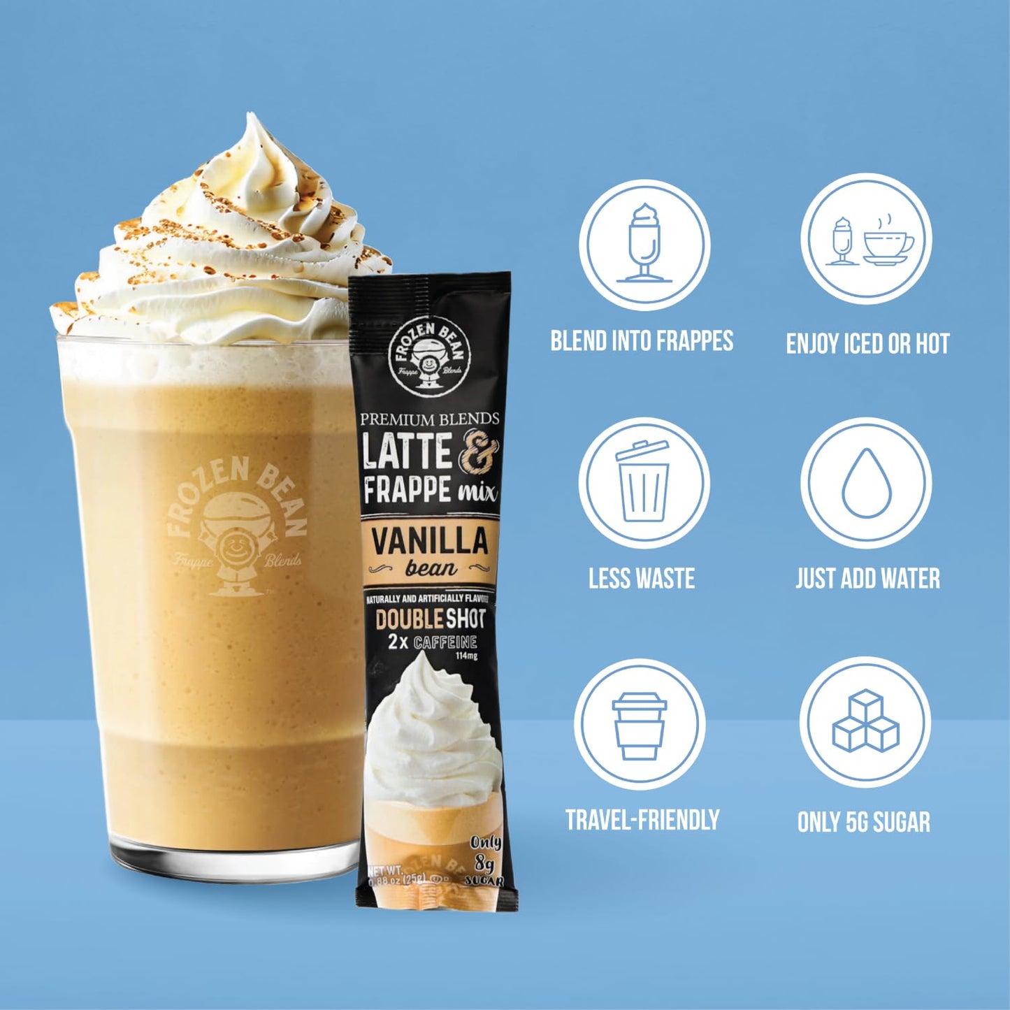 The Frozen Bean Vanilla Bean Frappe & Latte Instant Mix (10 Sticks), Made with Arabica Coffee, Double Shot Caffeine, Low Sugar & Premium Ingredients, Hot, Iced, or Blended Drinks