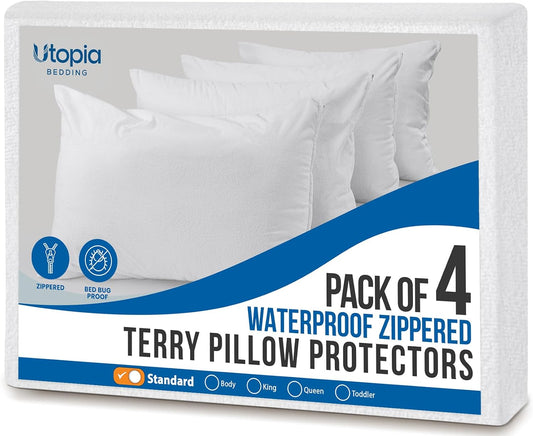 Soft Terry Waterproof Pillow Protectors with Zipper Standard Size, Set of 4