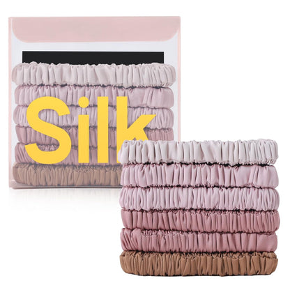 6Pcs Silk Hair Ties 100% Pure Mulberry Silk Scrunchies for Women Girls | No Hair Crease, Anti Frizz, Gentle Hold, No Damage, Black Brown Pink