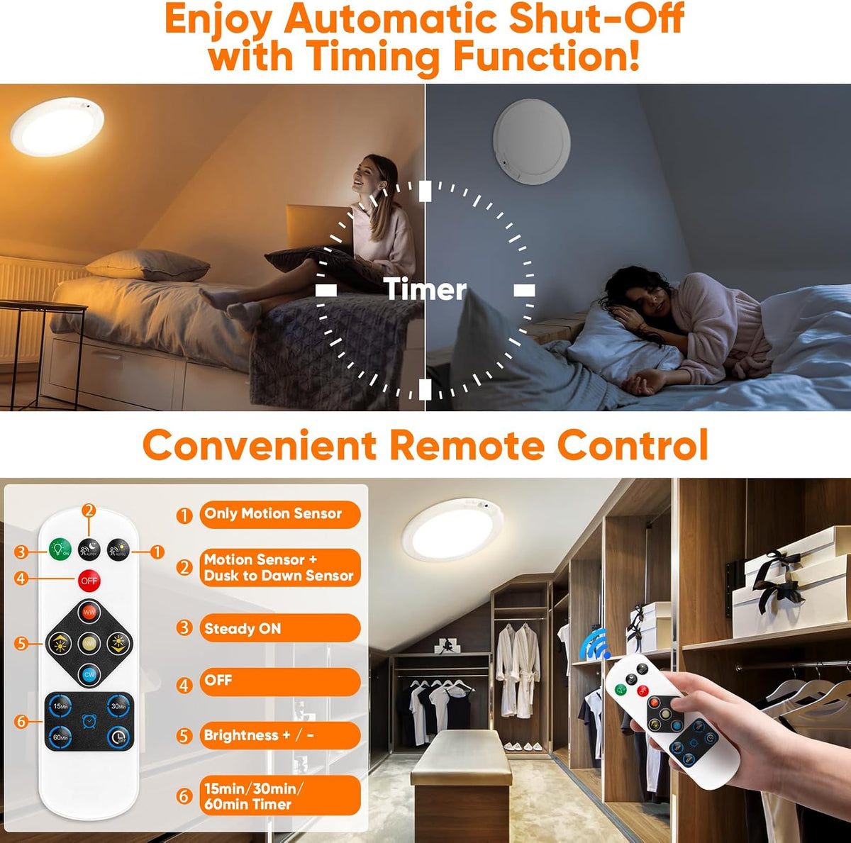 Rechargeable Motion Sensor Ceiling Light, Battery Operated Closet Light