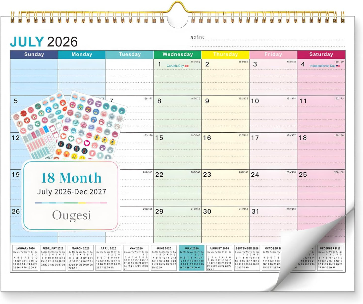Large Wall Calendar 2026-2027, 18-Month Wall Calendar from July 2026 to December 2027, 15" x 22" 2026 Wall Calendar with Spacious Blocks, Julian Dates, Habit Tracker & Full-Year Reference for Home Office School Colorful