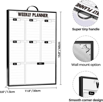 Weekly Planner Whiteboard 16"x12" with Handle | Magnetic Dry Erase Weekly Calendar with Aluminum Frame, Portable Hanging Board for Wall, Door, Desktop, 2 Markers & Magnets