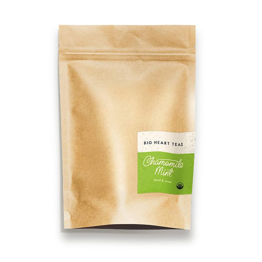 Big Heart Tea Co. Tea Bags - Chamomile Mint - Certified Organic, Calming Herbal Decaf Tea in Zero Plastic Sachets with Small Batch Ground Herbs - Spearmint and Lemongrass, 50 Pack