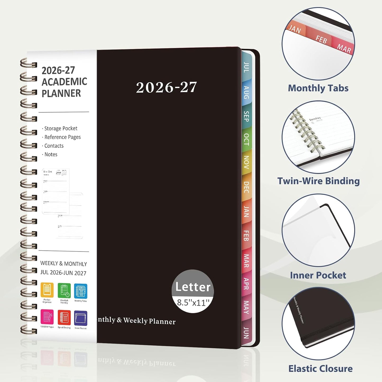 Planner 2026-2027, Weekly and Monthly Calendar Planner, JUL 2026 - JUN 2027 | Academic Year, Daily Agenda Book, A5(6.3'' x 8.5''), Sprial Bound, Inner Pocket, Office School Use