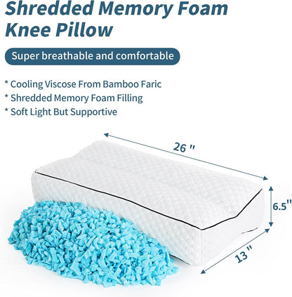 HOMBYS Shredded Memory Foam Knee Pillow for Side Sleepers, 6.5" Height Pillow Between Legs for Aligns Spine & Relieves Pressure Hip & Leg Elevation, Supportive Pillow for Pregnancy, Sciatica, White