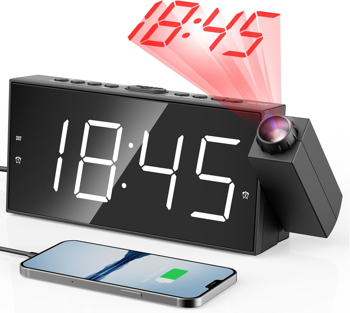 Digital Projection Alarm Clocks for Bedrooms - Large LED Display, 180° Rotatable Projector, 5-Level Dimmer,USB Charger,Battery Backup,Loud Dual Alarms for Kids Elderly,Heavy Sleepers,Snooze,12/24H,DST