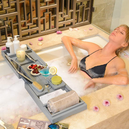 Bath Caddy Tray for Bathtub - Bamboo Adjustable Organizer Tray for Bathroom with Free Soap Dish Suitable for Luxury Spa or Reading