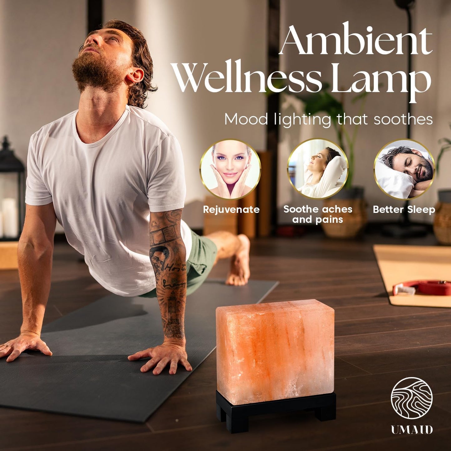 UMAID Himalayan Salt Lamp 8–10"(7–11 lb) Dimmable Pink Rock Salt Lamp with Wooden Base & Night Light Bulb, Spa Decor for Meditation Room, Massage Stones Ambiance, Desk & Bedroom,Gifts for Men & Women