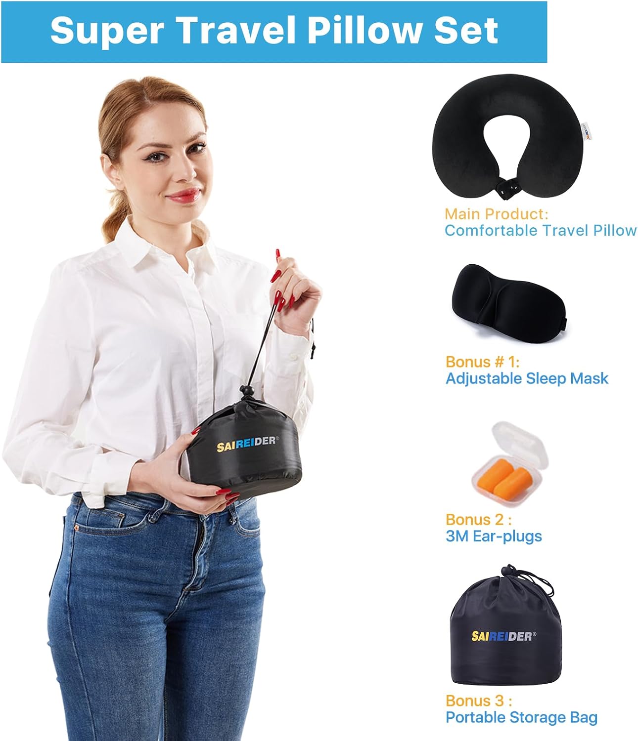SAIREIDER Neck Pillows for Travel-Head Neck Support Travel Pillow for Traveling, Car, Home, Office Adjustable(Navy Blue)