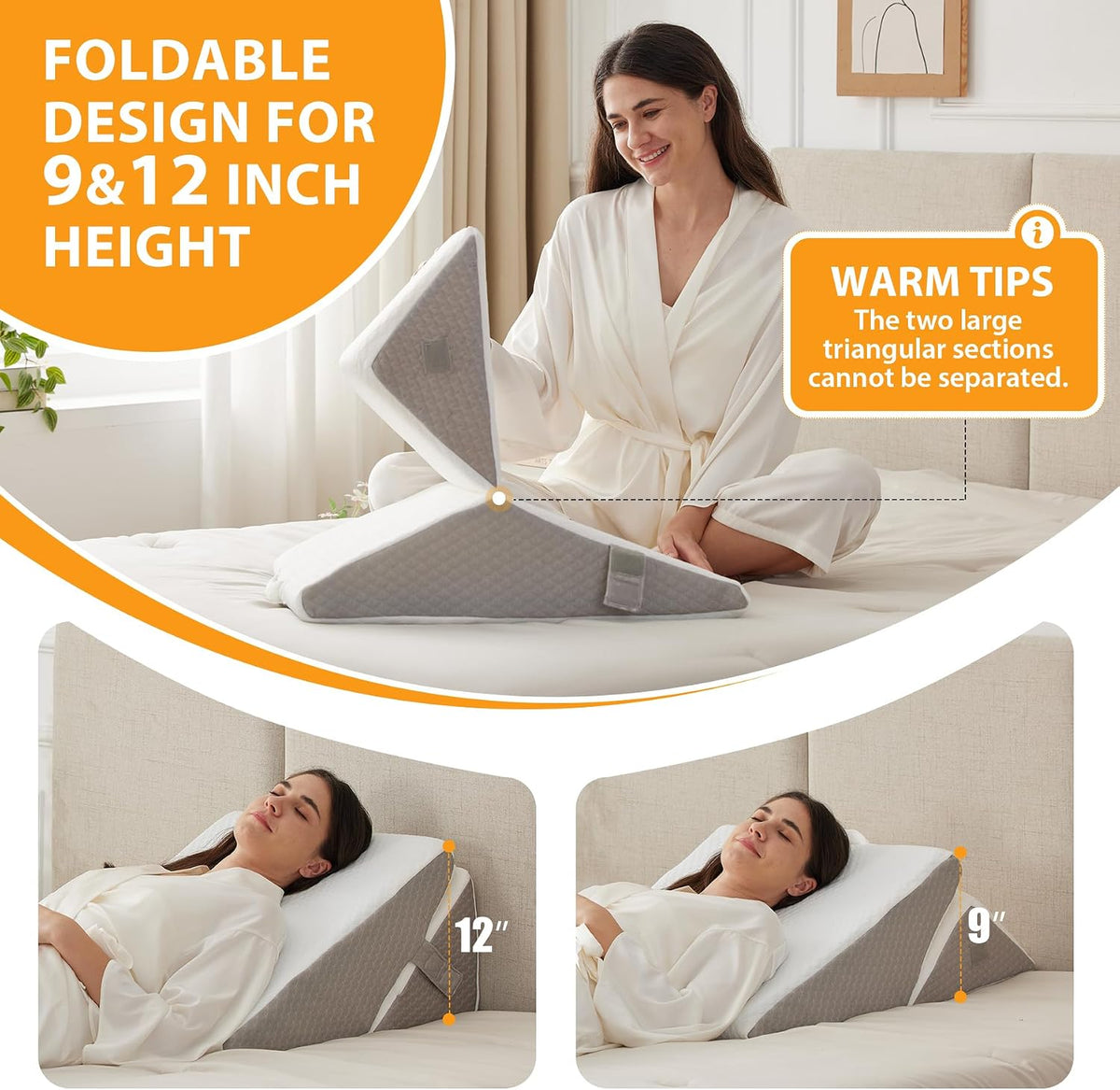 Ruqmuis Wedge Pillow Set for After Surgery, 3PCS Adjustable 9&12 Inch Bed Wedge Pillow for Sleeping, Incline Pillow Wedge for Headboard, Post Surgery, Acid Reflux, Neck&Back Support, White/Grey