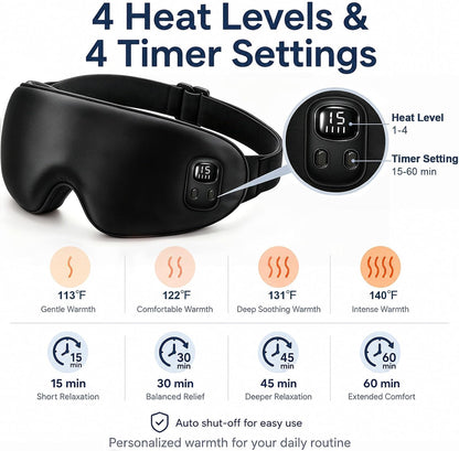 Cordless Heated Eye Mask-4 Heat Levels & 4 Timers Heated Eye Mask Rechargeable for Dry Eyes Warm Compress for Eyes Home Office Travel Sleep Soft Adjustable Portable Eye Mask Gift for Women Men