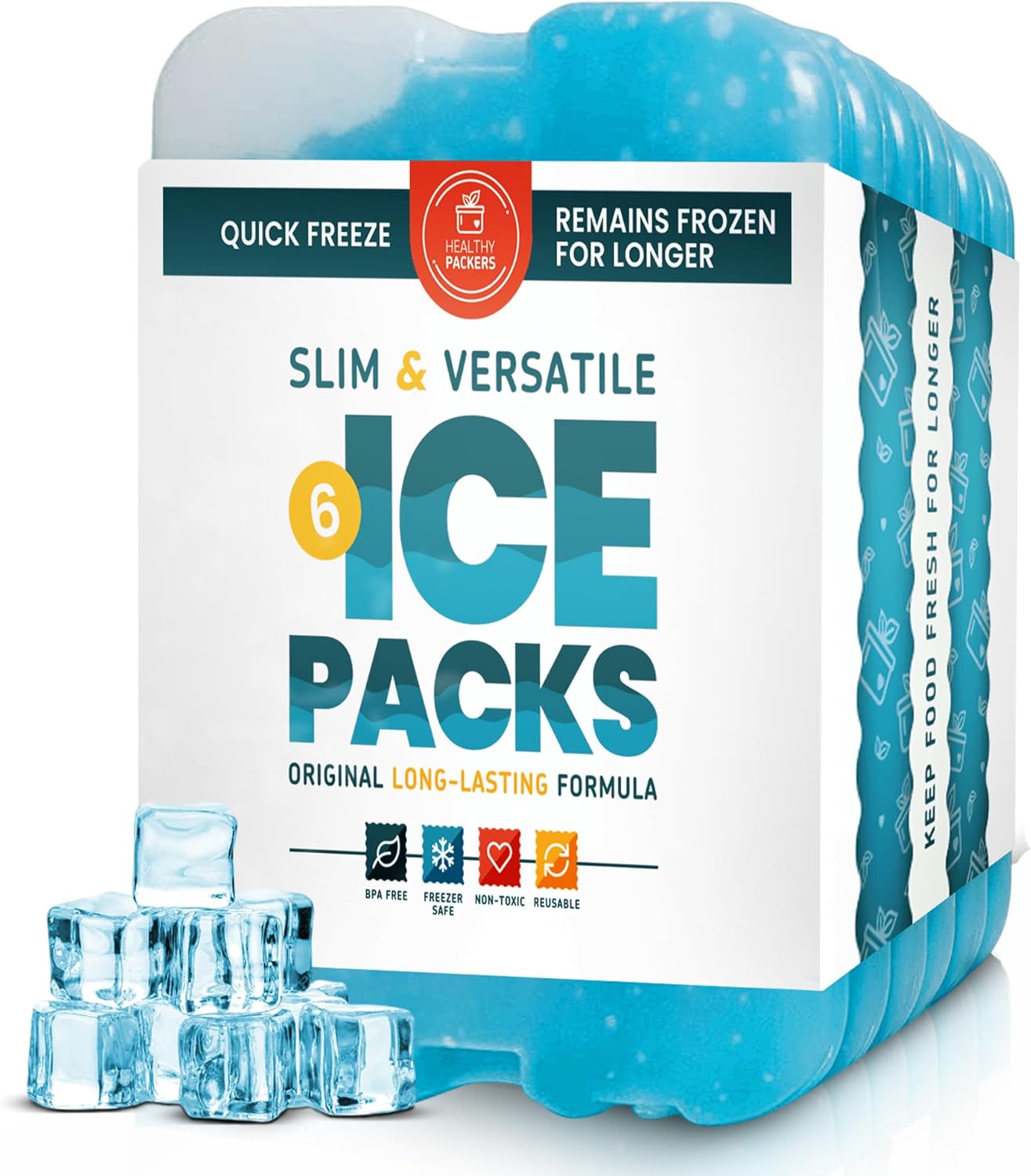Healthy Packers Ice Packs for Lunch Boxes & Coolers - Freezer Packs - Original Cool Pack | Cooler Accessories for Beach, Camping & Fishing | Slim & Long-Lasting Reusable Ice Pack for Cooler