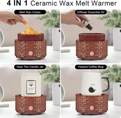 Ceramic Wax Melt Warmer, Fragrance Wax Warmer 4-in-1 Electric Candle Wax Melter and Wax Cubes for Home Office Bedroom Aromatherapy Essential Oil Burner is Birthday Gifts for Women Mom Girl(Dark Brown)