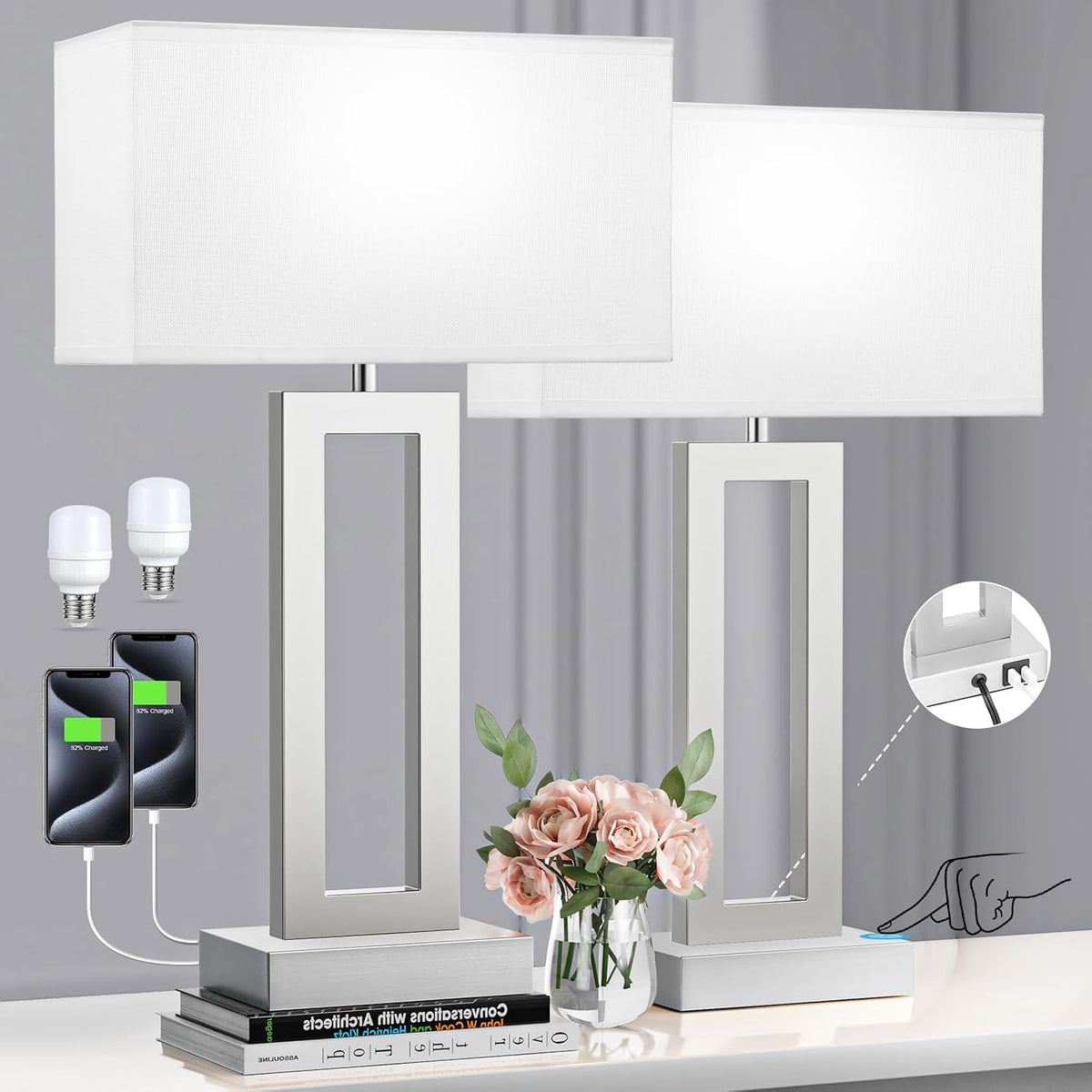 Gold Table Lamps Set of 2, 16.4" Bedside Lamps for Nightstand with USB C+A