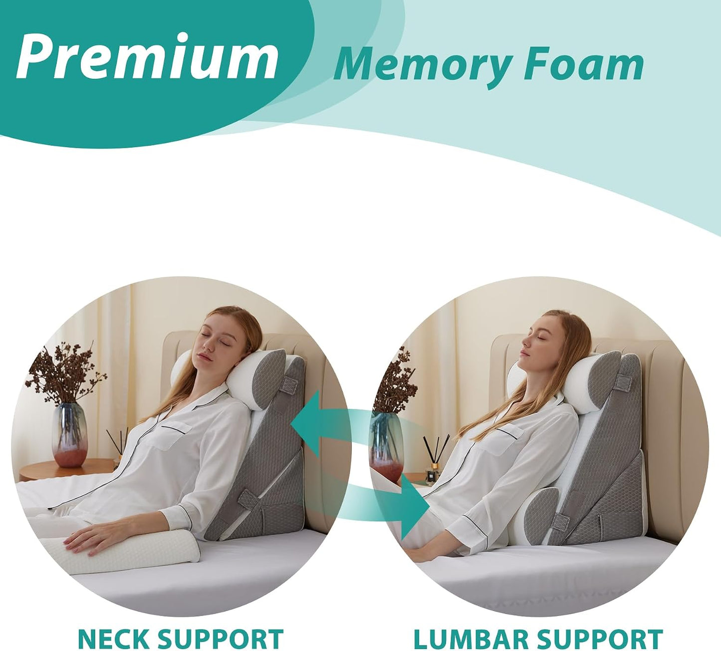 Bedluxe Wedge Pillow Headboard, 3PCS Orthopedic Bed Wedge Pillows Set for After Surgery, Adjustable Pillow Wedge for Acid Reflux&Back Pain Relief, Sleeping, Back Pillow for Bed Sitting Up, White/Grey