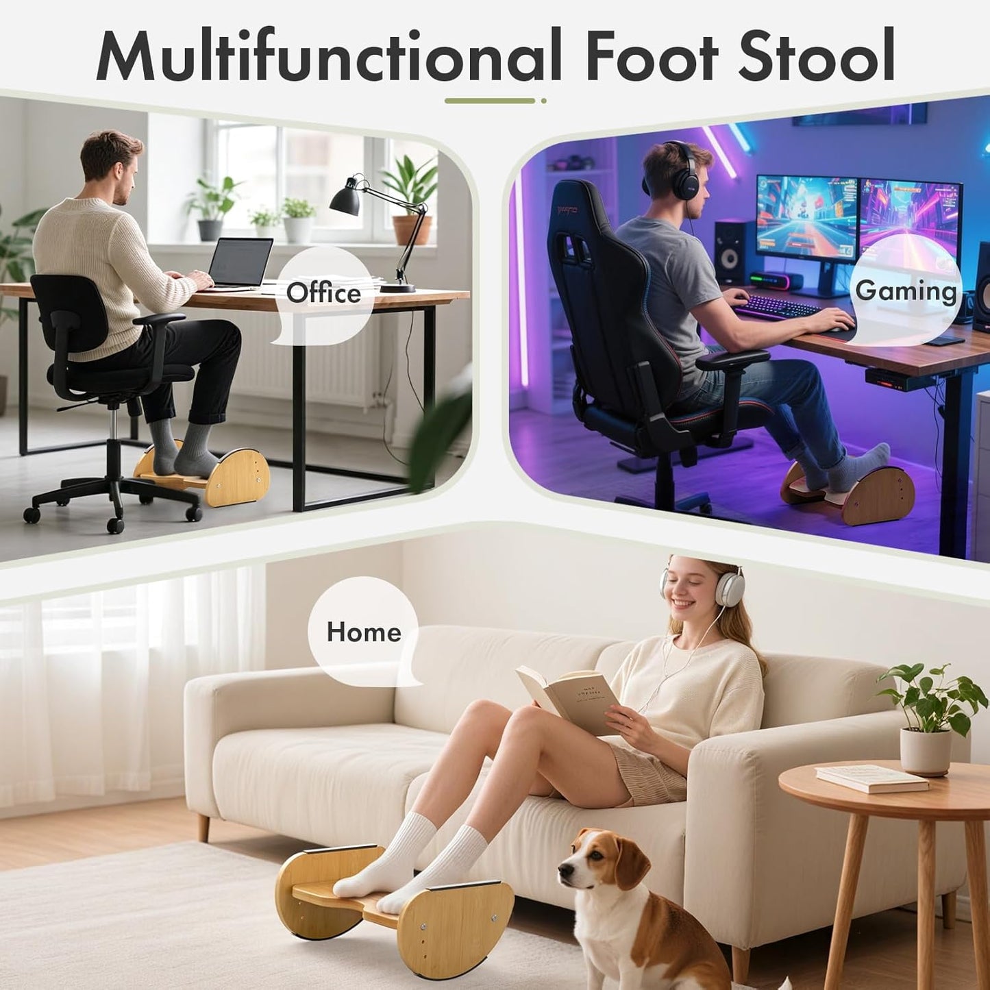 Amazer Bamboo Under Desk Footrest with Cushion 3-in-1, Reversible Ergonomic Wood Rocking Foot Rest for Under Desk at Work, Adjustable Foot Stools with Washable Cover, Desk Leg Rest for Home Office