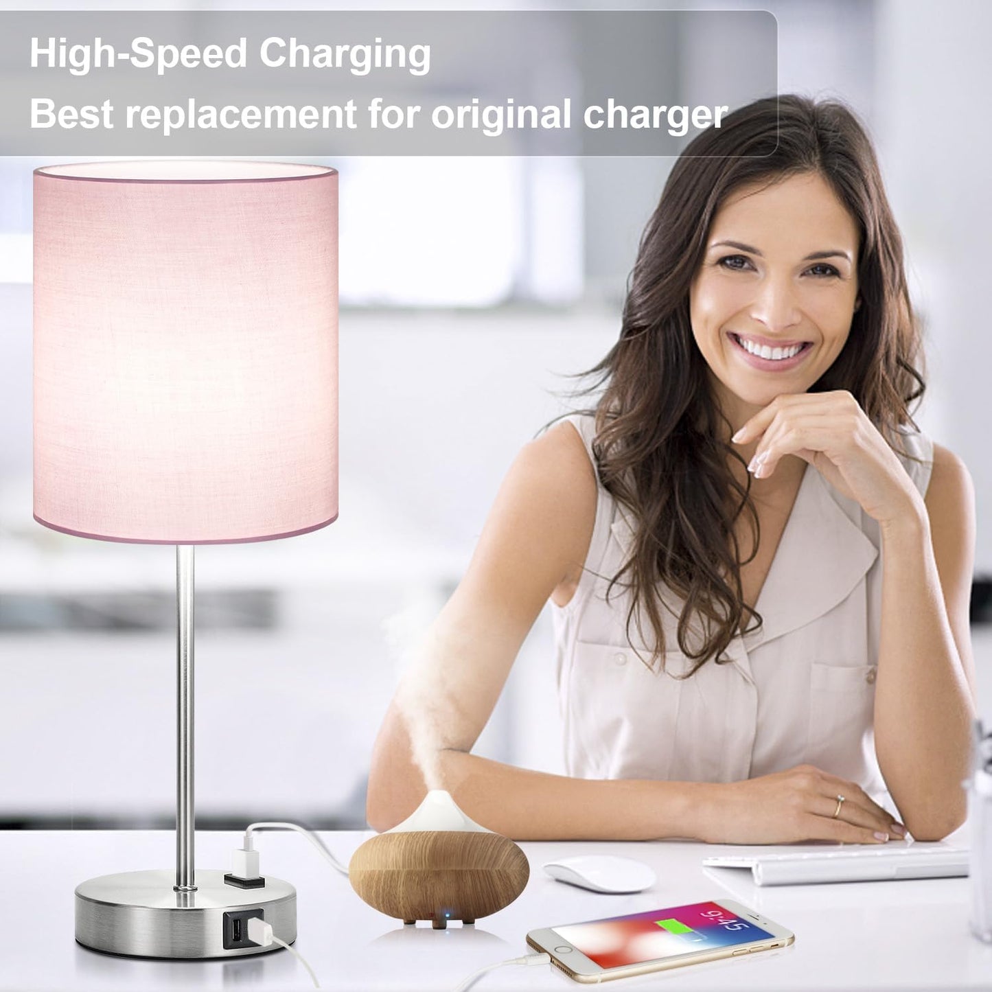 Set of 2 Touch Control Table Lamps with 2 USB & AC Outlet, 3-Way Dimmable Bedside Nightstand Lamps for Bedroom Living Room Nursery, 800 Lumens 5000K Daylight Bulbs Included