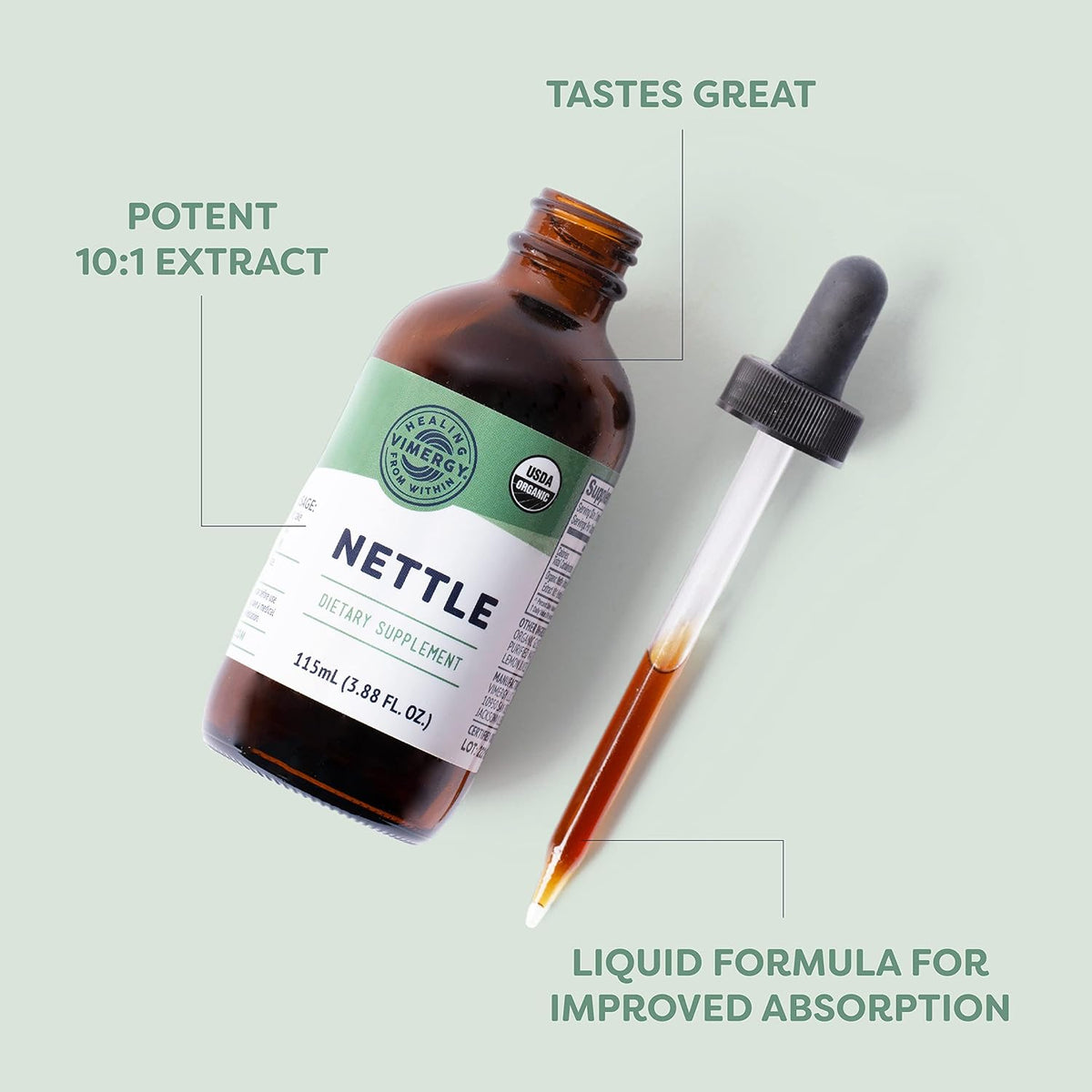 Vimergy Nettle Liquid 200mg Extract, Organic, Kosher, 115 mL, 57 Servings